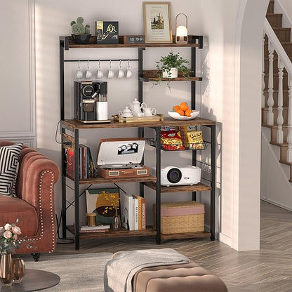 Aheaplus Bakers Rack with Power Outlet and LED light strings, Microwave Oven Stand Kitchen Storage Shelf with Wire Basket, Coffee Bar Station Island table with 10 hooks for Spices, Pots, Rustic Brown