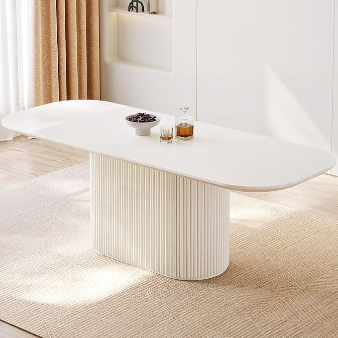 86.61" Oval Dining Table for 8, Rectangular Dinner Table 8 Seater Modern Dining Room Tables for Kitchen, Living Room, Cream White Kitchens Table with Oval Base