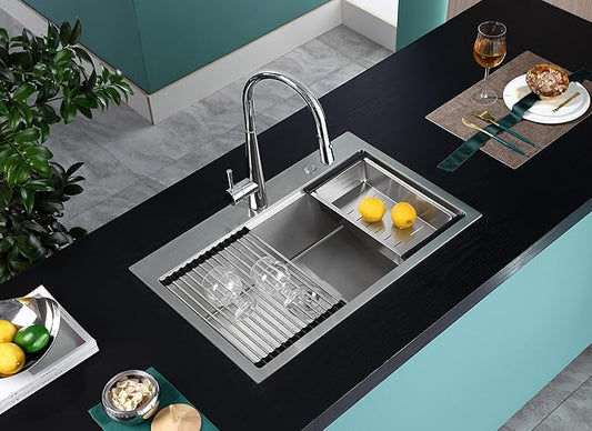 MENATT 30 inch Kitchen Sink Drop In, 18 Gauge Stainless Steel Handmade Drop in Workstation Kitchen Sink, 2 Hole Single Bowl Topmount Kitchen Sinks with Cutting Board, D30"xW18"xH9"