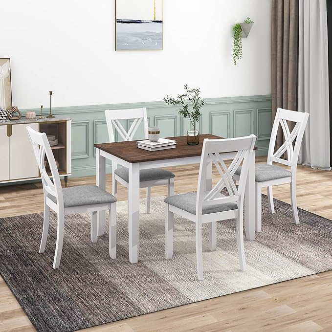 VilroCaz Minimalist Solid Wood 5-Piece Dining Table Set, Kitchen Dining Table Set for 4, Rectangular Table with 4 X-Back Upholstered Chairs for Dining Room Small Places (White-Min)