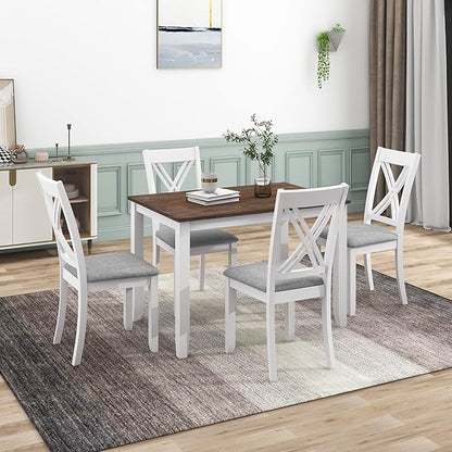 VilroCaz Minimalist Solid Wood 5-Piece Dining Table Set, Kitchen Dining Table Set for 4, Rectangular Table with 4 X-Back Upholstered Chairs for Dining Room Small Places (White-Min)