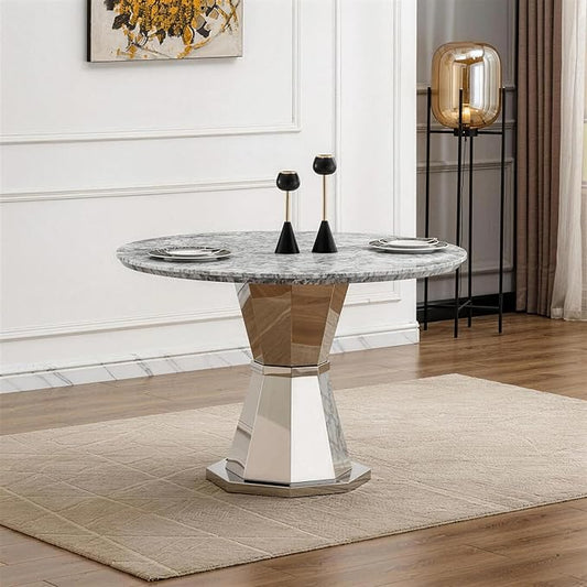 47" Round Marble Dining Table for 4-6, Luxury Modern Kitchen Table with Marble Grain MDF Tabletop & Silver Mirrored Stainless Steel Pedestal Base, Grey Stone Dinner Table for Dining Room (Table Only)
