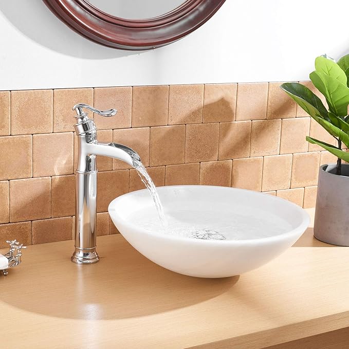 BWE Vessel Sink Faucet Chrome Polished Waterfall Spout Tall Body Single Hole with Brass Pop Up Drain Assembly Without Overflow Bathroom Lavatory Vanity Faucets Commercial