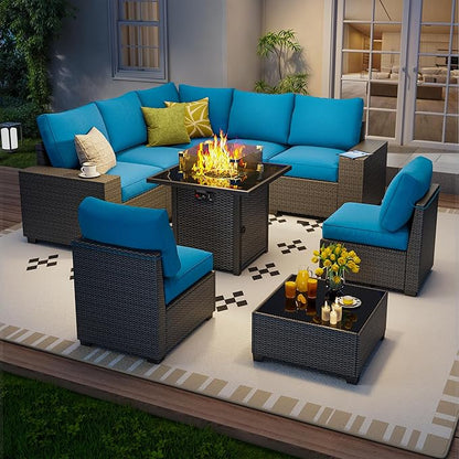 9 Piece Outdoor Patio Furniture Set with 28'' Fire Pit Table, Outdoor Sectional Furniture, Rattan & Wicker Modern Modular Conversation Set Sofa Couch W/Water Resistant Thick Cushions, Peacockblue