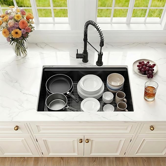 27 Inch Black Undermount Kitchen Sink,16 Gauge Stainless Steel Kitchen Sink Single Bowl, 27"x19"x9" Undermount Sink Ledge Workstation Sinks With All Accessories, Multi-Functional Sinks