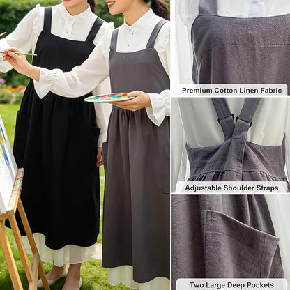 Uaussi Cotton Linen Apron Cross Back Work Apron for Women with Pockets Pinafore Dress X Cross Halter Apron for Chef Gardening
