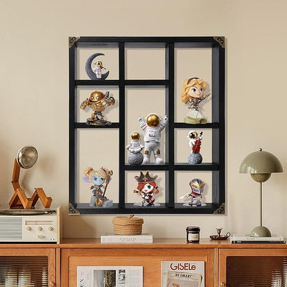 17.7x15.7-Inch Shadow Box Shelf 9-Slot Rustic Floating Shelves Larger Wall Mounted Lightweight Solid Wood Display Freestanding Farmhouse Shelf (9C-Classic Black)