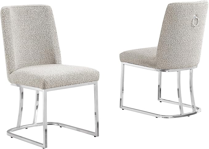 Modern Chairs Set of 2, Chrome Side Chairs & Counter Stools with Ring Pull Back, Luxury Upholstered Chairs for Kitchen Island, Dining Room & Home Bar (Boucle, Gray/Silver, Side Chair)