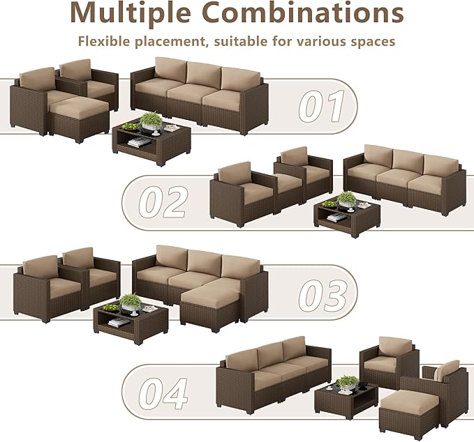 LOUVIXA 7 Piece Outdoor Patio Furniture Set, Rattan Chairs Glass Table Wicker Conversation Seating Sectional Sofa with Cushions (Brown-Camel, 7Pcs-2 Layer Coffee Table)