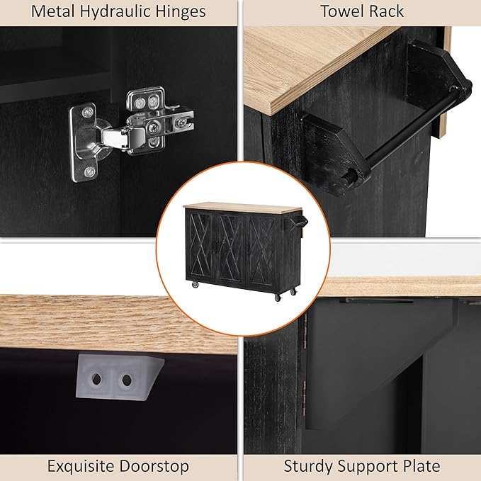 51.2"W Geometric Twill Stripe Textured Design Island with Drop Leaf, Farmhouse Kitchen Cart on Wheels with Internal Storage Rack, Rolling Kitchen Cart with Towel Rack (Black@044)