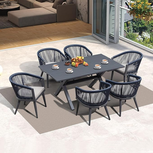 PURPLE LEAF Outdoor Dining Set with Waterproof Furniture Cover 7-Piece All-Weather Patio Set for 6 with Gray Aluminum Table Rope Weave Chairs and Cushions, Gray