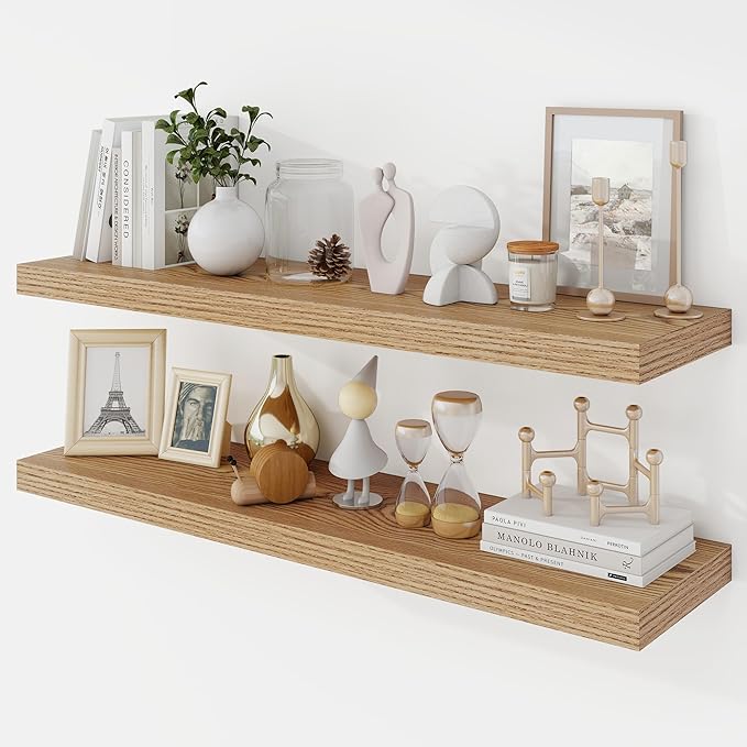 Acovy 36 Inch Floating Shelves, 9.3" Deep Floating Shelf Wall Mounted, 36" Wall Shelves, Rustic Deep Bookshelf, Large Display Shelves & Storage Shelves for Bedroom, Living Room, Light Brown, Set of 2