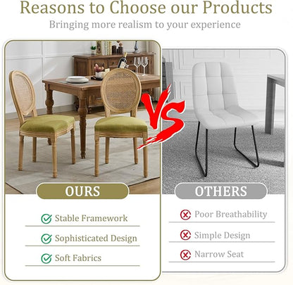 Linen Wooden Dining Chair Set of 4, Upholstered Farmhouse Dining Chair with Solid Wood Frame, Kitchen & Dining Room Chairs for Living Room, Restaurant, Bedroom (Green-Rattan, Set of 4)