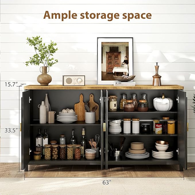 Sideboard Cabinet with Storage - 63” Large Kitchen Buffet Table, Adjustable Shelf & 4 Fluted Doors Farmhouse Coffee Bar for Living Room Dining Room Entryway, Black