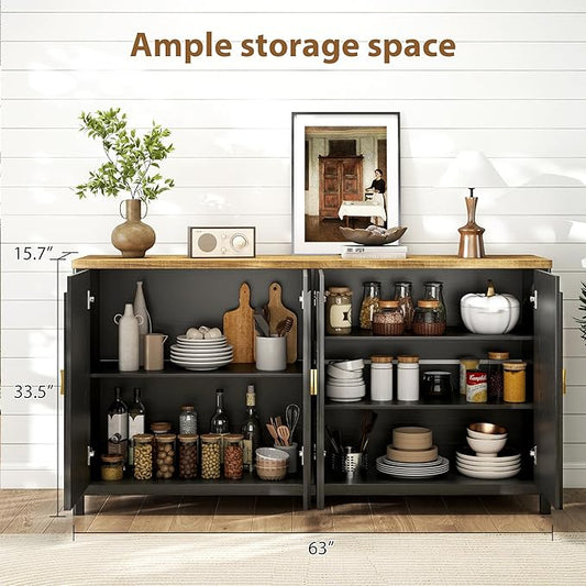 Sideboard Cabinet with Storage - 63” Large Kitchen Buffet Table, Adjustable Shelf & 4 Fluted Doors Farmhouse Coffee Bar for Living Room Dining Room Entryway, Black