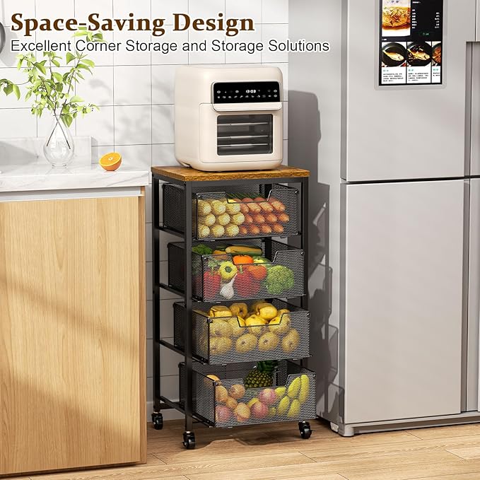 Kitchen Rolling Cart with Drawers, 4-Tier Fruit Vegetable Storage Cart on Wheels with Wooden Top, Kitchen Rolling Storage Rack to Storage Cans Snacks and Potato for Kitchen，(Patent Pending)