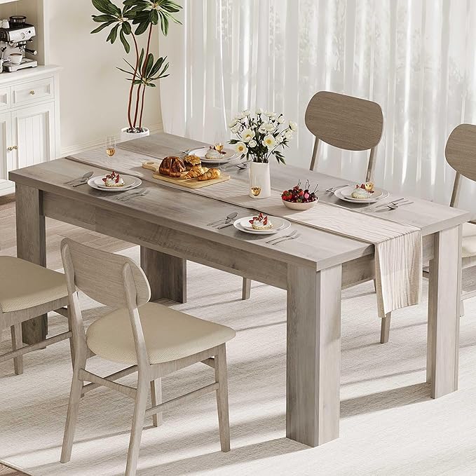 GarveeHome 63 in Dining Table for 4-6, Farmhouse Dinner Kitchen Table for 4 with Large Tabletop, Rectangular Wood Dining Room Table for Kitchen, Living Room, Easy Assembly, Retro Gray