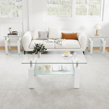 IANIYA 3 Piece Living Room Table Set, Modern Tempered Glass Coffee Table Set, Glass Coffee Table Black Metal Frame End Table for Living Room Apartment Small Space, White