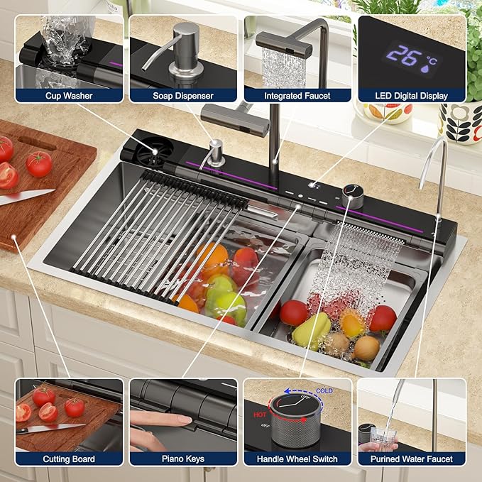 Lordear Drop In Kitchen Sink, 33 inch Waterfall Sink 16 Gauge Stainless Steel, Above Counter Smart Kitchen Sinks, Single Bowl with Integrated Faucet for High-Efficiency Cleaning