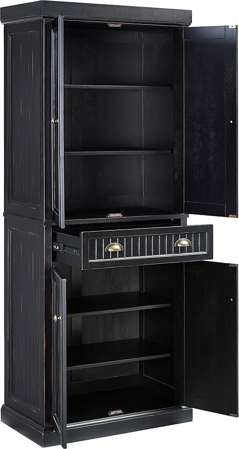 Crosley Furniture Seaside Coastal Pantry Storage Cabinet with Shelves, Kitchen, Dining, or Laundry Room, Distressed Black
