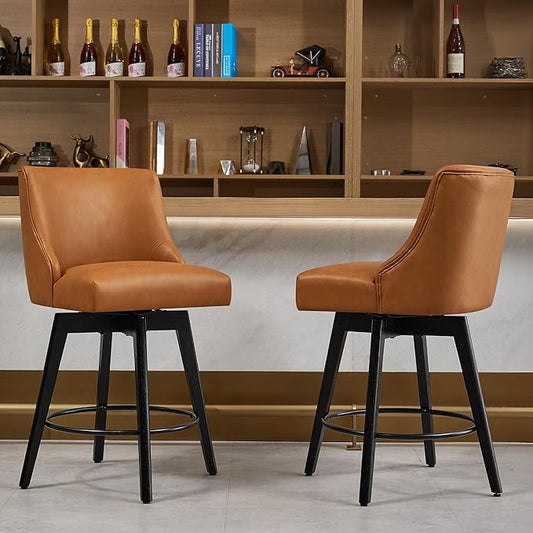 Counter Height Bar Stools Set of 6, Swivel Barstools with Backs and Wood Legs, Faux Leather Upholstered Counter Stools for Kitchend Island, Mid-Century Modern 26" Seat Height Bar Chairs, Brown