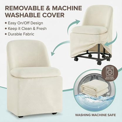 KISLOT Upholstered Dining Chairs Set of 1 with Casters, Modern Side Armless Deskchair with Washable Slipcover & Sturdy Metal Frame for Diningroom Bedroom Livingroom Reading Room, Beige Fabric