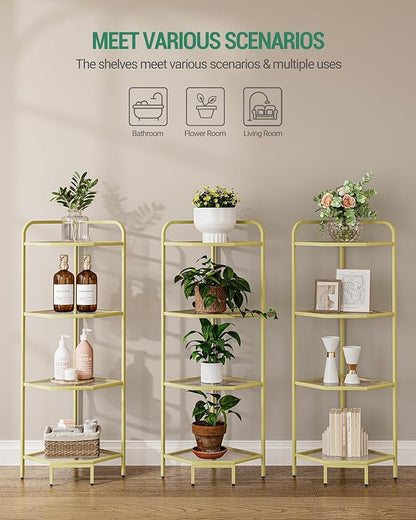 Hzuaneri Corner Shelf Stand, 4-Tier Glass Bookshelf Bookcase, Bathroom Organizer, Plant Stand, Steel Frame, Tempered Glass, Modern Style for Living Room, Bathroom, Kitchen, Golden CS90400G