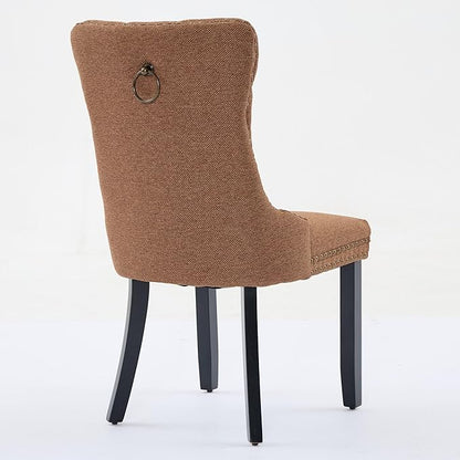 Ball & Cast Contemporary Upholstered Dining Chairs Set of 2, Flax Button Tufted Kitchen Side-Chairs with Hang Ring & Nailhead Trims & Wood Legs, 2-Piece Backrest Traditional Chair, Black+Coffee