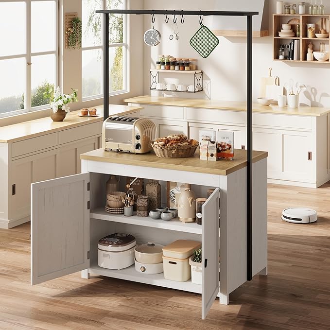 GarveeHome Kitchen Island with Storage 42 in - Heavy Duty Kitchen Cart, Mobile Kitchen Island with 2-Tier Shelves & 5 Hooks, Solid Wood Countertop for Small Spaces (White & Natural)
