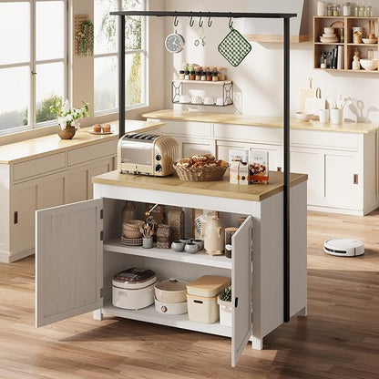 GarveeHome Kitchen Island with Storage 42 in - Heavy Duty Kitchen Cart, Mobile Kitchen Island with 2-Tier Shelves & 5 Hooks, Solid Wood Countertop for Small Spaces (White & Natural)
