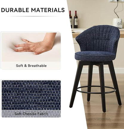 Wing Back Swivel Bar Stools Set of 2 25" Counter Height Adjustable Stools with Solid Wood Legs Chenille Upholstery, Leveling Feet for Kitchen Island, Home Pub or Dining Room, Blue