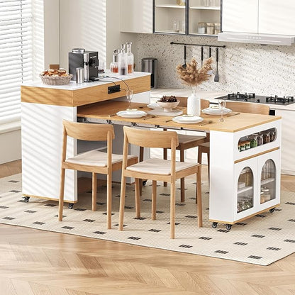 Extendable Kitchen Island with Extended Dining Table and Power Outlet, Rolling Kitchen Island with Drawers, and Brake Lock, Storage Cabinet for Kitchen and Dining Room (Natural + Creamy White)