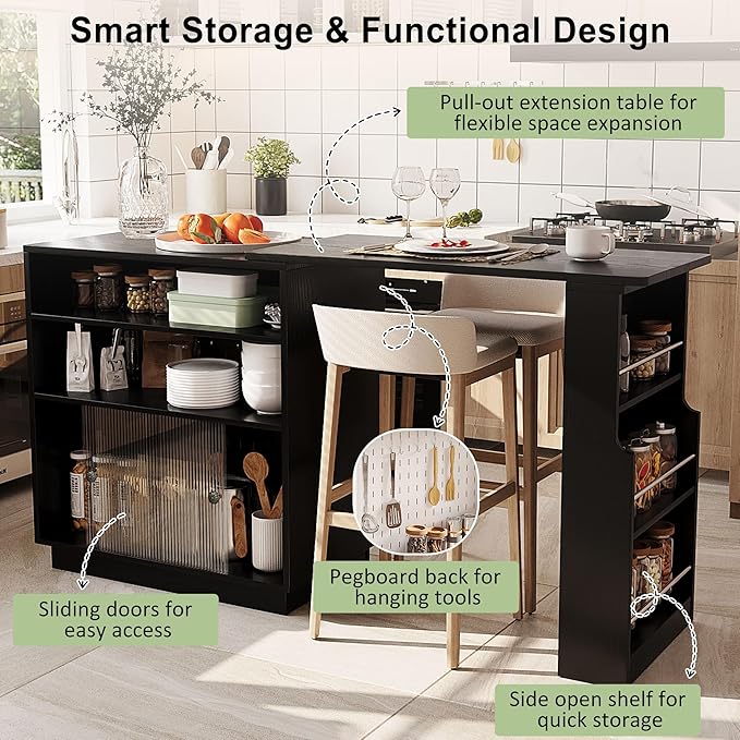 Modern Counter Height Dining Table,Extendable Kitchen Island & Buffet with Acrylic Sliding Doors,Pegboard,Half-Open Storage Shelves,Aluminum Alloy Handles (Black-MC)