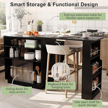 Modern Counter Height Dining Table,Extendable Kitchen Island & Buffet with Acrylic Sliding Doors,Pegboard,Half-Open Storage Shelves,Aluminum Alloy Handles (Black-MC)