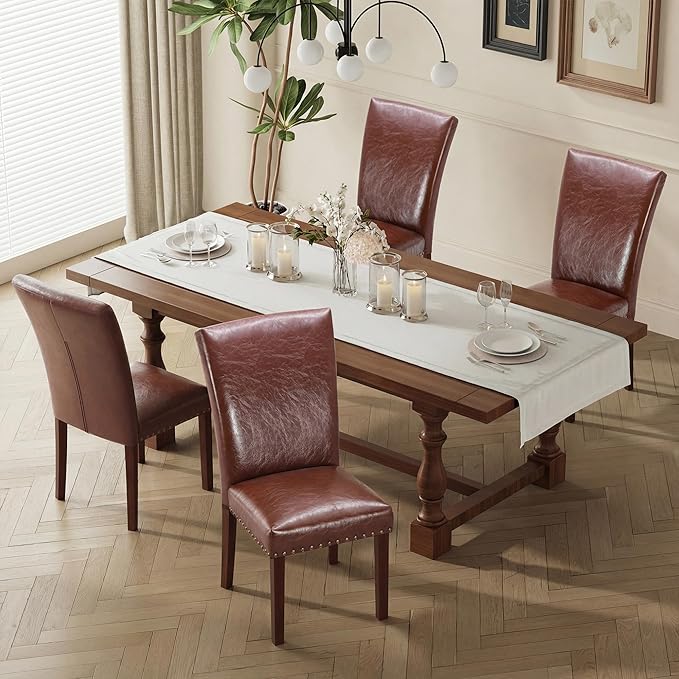 COLAMY Upholstered Parsons Dining Chairs Set of 4, PU Leather Dining Room Kitchen Side Chair with Nailhead Trim and Wood Legs - Light Brown