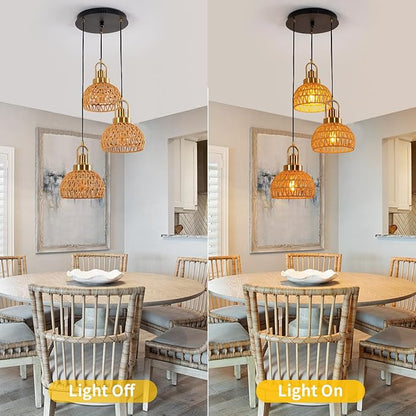 Modern Boho Gold Rattan Pendant Light 3-Lights Vintage Farmhouse Rattan Pendant Light Fixture Hand Woven Golden Bamboo Wicker Pendant Lights for Kitchen, Stairwell, Entryway, Living Room