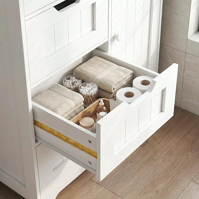 Casaphoria Bathroom Storage Cabinet with Drawers, Freestanding Floor Cabinet with Door and Adjustable Shelf, 4-Drawer Sideboard for Bathroom, Living Room, Kitchen, White
