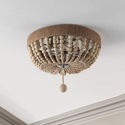 JONATHAN Y 14" Light Taupe and Polished Nickel 2-Light Wood Bead Iron Flush Mount, Farmhouse Bohemian Ceiling Light for Bedroom Hallway, UL Listed, LED Bulbs Included JYL1307A