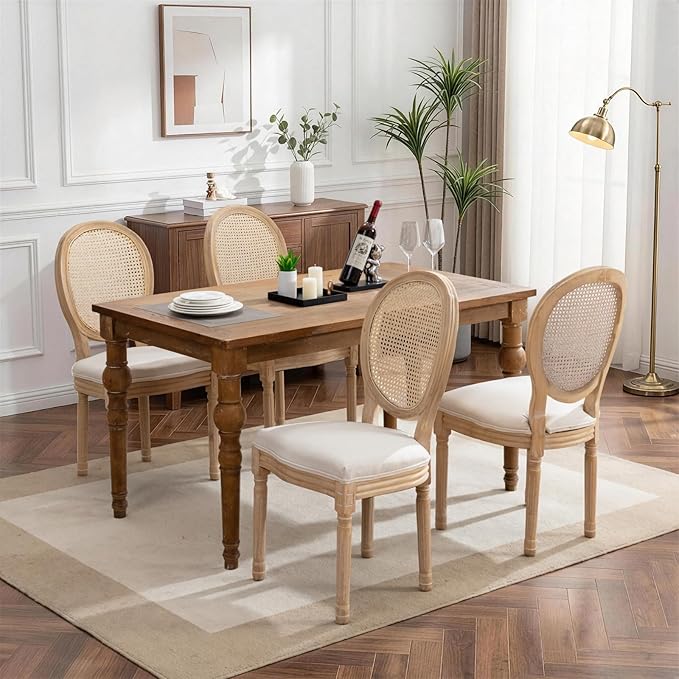 SoarFlash French Dining Chairs Set of 4, Vantage Linen Dining Chair with Round Back, Farmhouse Country Rattan Dining Chair for Living Room,Kitchen,Bedroom,Beige