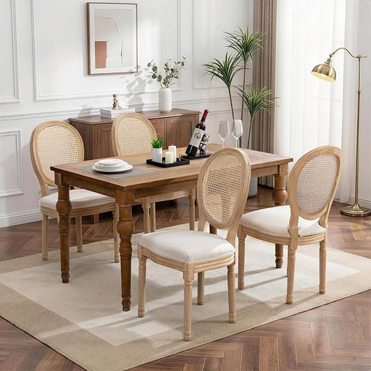 SoarFlash French Dining Chairs Set of 4, Vantage Linen Dining Chair with Round Back, Farmhouse Country Rattan Dining Chair for Living Room,Kitchen,Bedroom,Beige