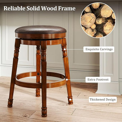 Giantex Swivel Bar Stools Set of 2, 24" Counter Height Bar Stools w/Faux Leather Padded Seat, Footrests, Solid Wooden Frame, Farmhouse Backless Barstools for Kitchen Island, Pub, Dining Room, Cafe