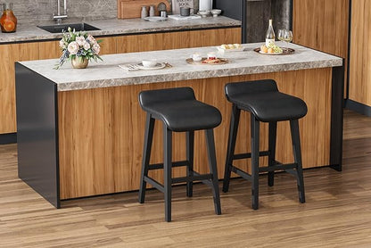 IDEALHOUSE 26.2" Solid Wood Bar Stools Set of 2, Counter Height Bar Stools with Wide PU Leather Upholstered Seat, Barstools Set for Kitchen Islands, Counter Bars, Black