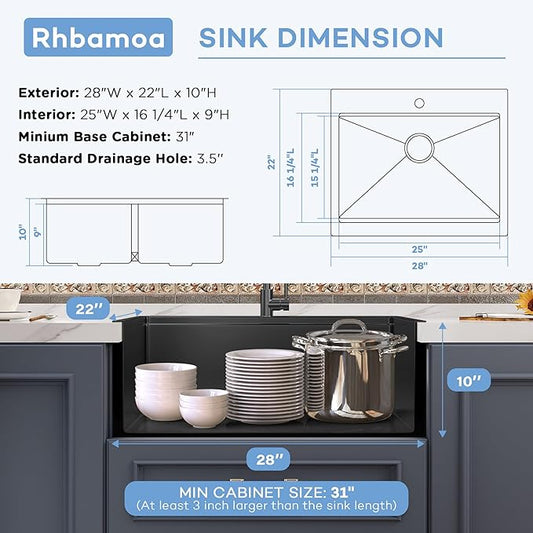 Rhbamoa Black Farmhouse Sink 28 inch,16 Gauge T304 Stainless Steel Drop in Farm Sinks,Black Single Bowl Apron Front Kitchen Farm Sink,Deep Topmount Workstation Sinks with All Accessories
