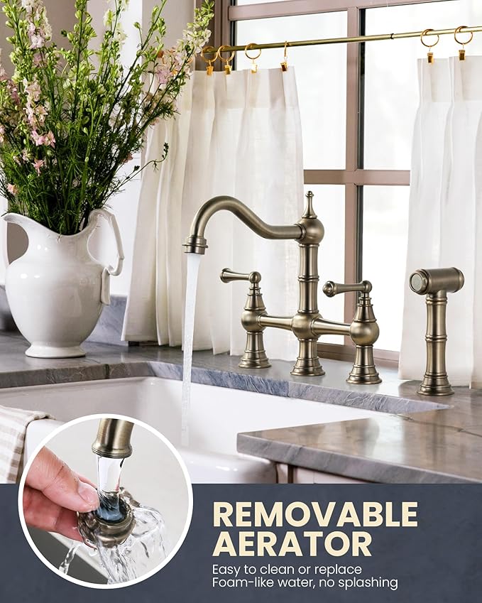 Bridge Kitchen Faucet with Side Sprayer, WOWOW Solid Brass Kitchen Faucet for Sink 4 Hole Antique Bronze Kitchen Sink Faucet, Two Handle 8 Inch Centerset Bridge Faucet Victorian Style