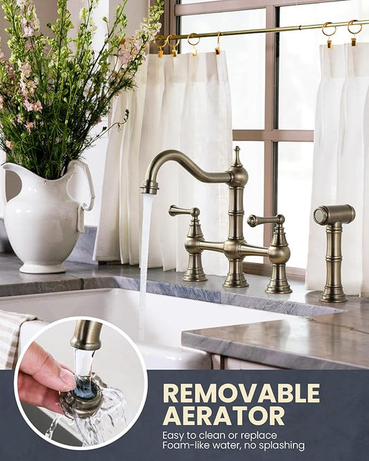 Bridge Kitchen Faucet with Side Sprayer, WOWOW Solid Brass Kitchen Faucet for Sink 4 Hole Antique Bronze Kitchen Sink Faucet, Two Handle 8 Inch Centerset Bridge Faucet Victorian Style