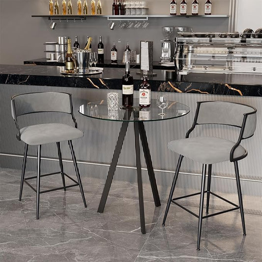 Modern Glass High Top Bar Table Set for 2, Bar Stools Island Chairs, Clear Round Pub Tall Table with Faux Leather Counter Height Padded Stools for Home Bar Dinning Room Kitchen (Grey)