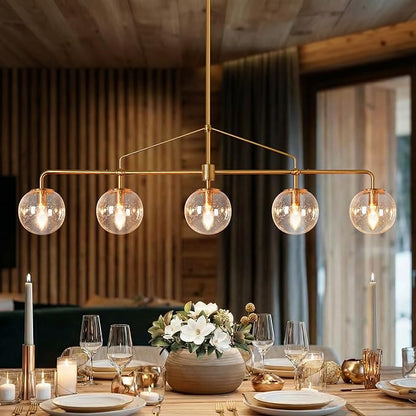 Modern Linear Chandelier Gold 5 Light Dining Room Linear Chandelier with Seeded Glass Globe 39 Inch Kitchen Island Pendant Light Electroplated Copper Finish for Farmhouse Living Room
