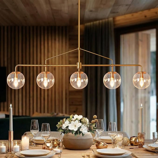 Modern Linear Chandelier Gold 5 Light Dining Room Linear Chandelier with Seeded Glass Globe 39 Inch Kitchen Island Pendant Light Electroplated Copper Finish for Farmhouse Living Room