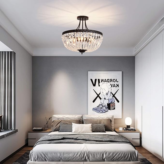 YYJLX 5-Light E12 Round Crystal Ceiling Light Fixture Modern Semi Flush Mount Chandelier Ceiling Lamp for Living Room Dining Room Entryway Hallway Foyer Bedroom Laundry Bathroom（Black）