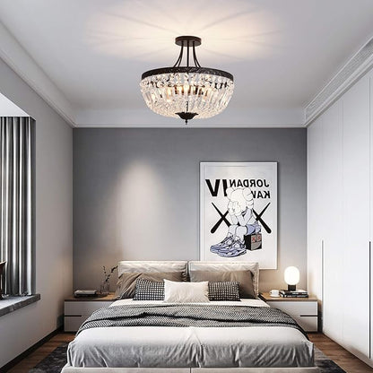 YYJLX 5-Light E12 Round Crystal Ceiling Light Fixture Modern Semi Flush Mount Chandelier Ceiling Lamp for Living Room Dining Room Entryway Hallway Foyer Bedroom Laundry Bathroom（Black）